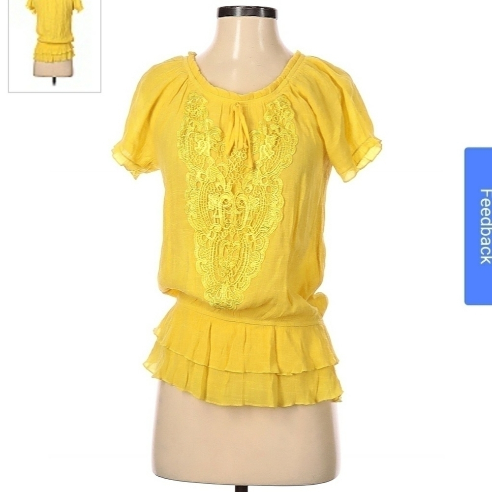 Cato Bright Yellow Lace Blouse Short Sleeve Tie Neck Cinched Waist Women's Small